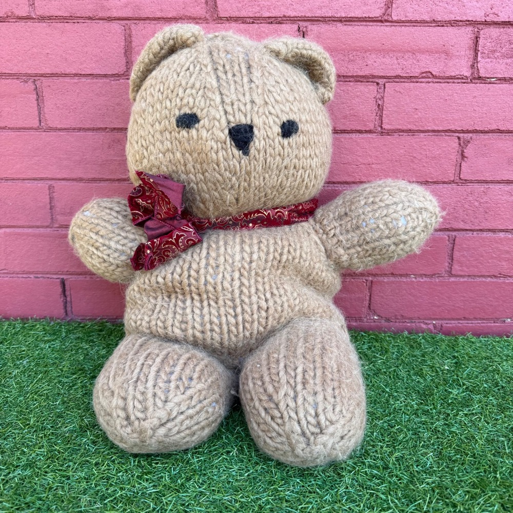Vtg Hand Knitted Teddy Bear‎ Tan Yarn Red Scarf Bow Stuffed Animal Plush Toy 23"